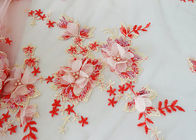 3D Red Flower Bead Embroidered Sequin Lace Fabric With Scalloped Edging For Dress